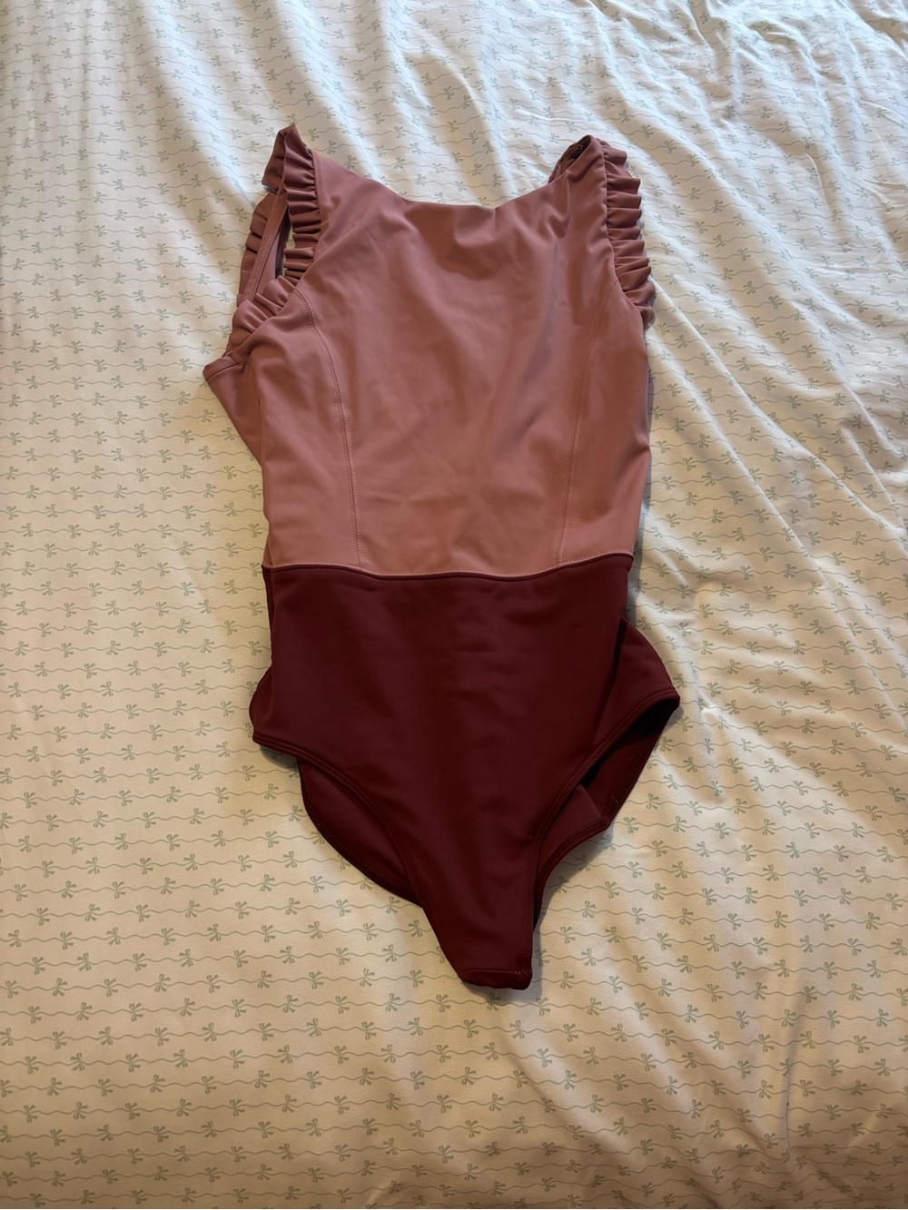 Two-Tone Ruffle Strap Bodysuit - leotard Dusty Rose & Burgundy Tiger Friday